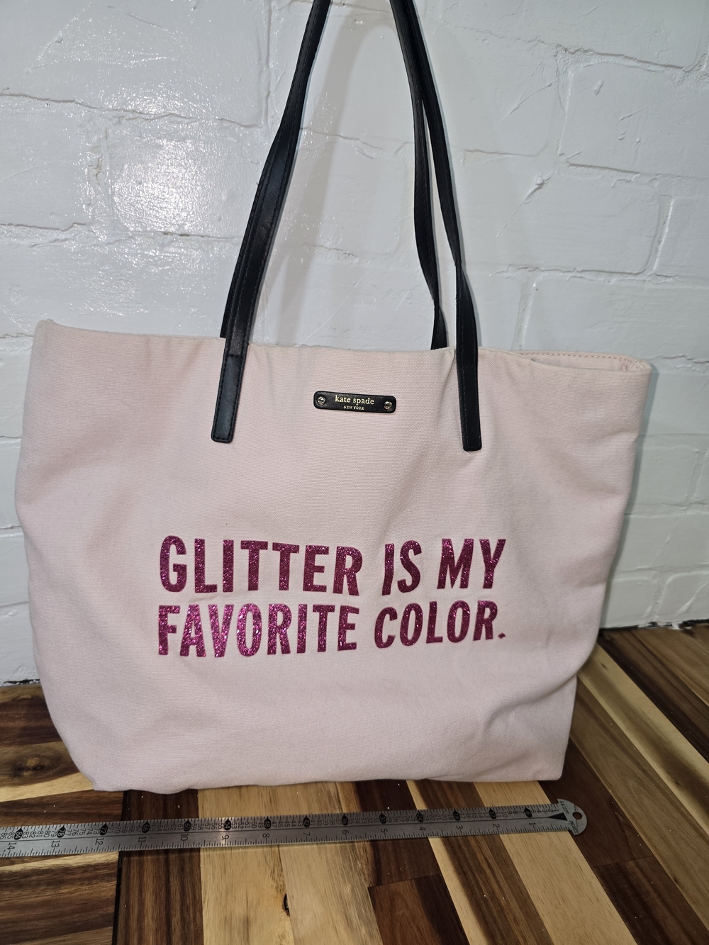 kate spade Pink Canvas Glitter Tote with Black Straps